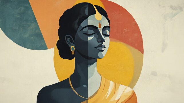 A contemporary digital artwork of Krishna in a minimalist style, using geometric shapes