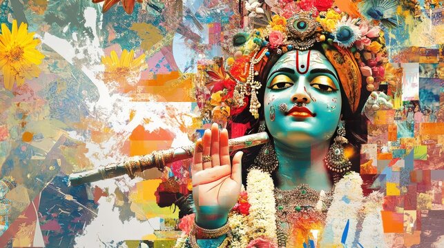 A digital collage combining Krishna with various elements of popular culture, creating a unique