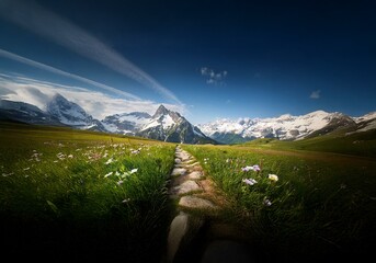 Aufkleber - A rocky path leads through a field of wildflowers and tall grass toward a mountain range with snow-capped peaks, beneath a bright blue sky.