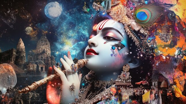 A digital collage combining Krishna with various elements of popular culture, creating a unique