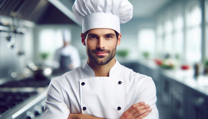 A professional chef in a white uniform smiling confidently in a modern kitchen