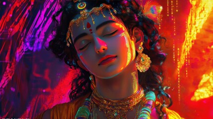 Fototapete - A futuristic portrayal of Krishna with neon colors and cyberpunk aesthetics