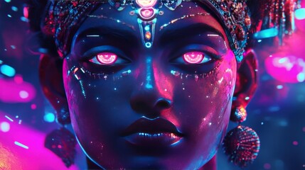 Fototapete - A futuristic portrayal of Krishna with neon colors and cyberpunk aesthetics