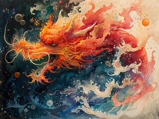 Sticker - Fiery Dragon in a Whirlwind of Colors - Abstract Fantasy Art