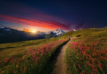 Poster - A dirt path leads through a field of wildflowers under a vibrant sunset sky with snow-capped mountains in the background.