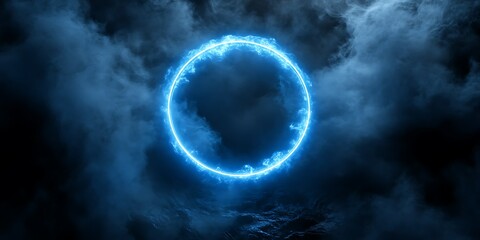 A glowing blue circular portal amidst dark clouds.