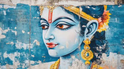 Fototapete - A mural of Krishna in a minimalist style on a large, plain wall, capturing attention with its simplicity