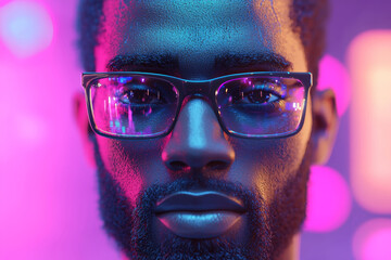 A close-up portrait of a man wearing glasses with vibrant neon lighting, showcasing intense expression and modern style