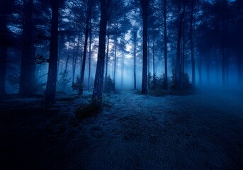 Aufkleber - A misty forest at night, dark blue trees stand tall, and the fog creates an eerie atmosphere.