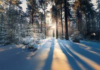 Poster - Sunlight filters through a snowy evergreen forest, casting long shadows on the pristine white ground.