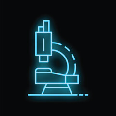 Poster - Neon blue microscope glowing on a dark background, symbolizing scientific exploration