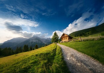Aufkleber - A wooden cabin sits nestled in a grassy mountainside, a winding gravel path leading towards it.