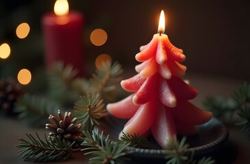 Delightful candle shaped like a Christmas tree with festive decorations at night. Generative AI