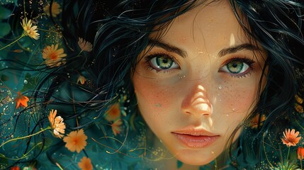 Canvas Print - Close-Up Portrait of a Woman with Green Eyes and Flowers