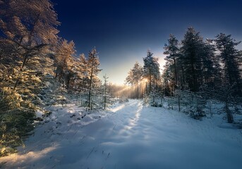 Poster - A snowy forest path winds through a stand of pine trees with golden sunlight streaming through the branches.