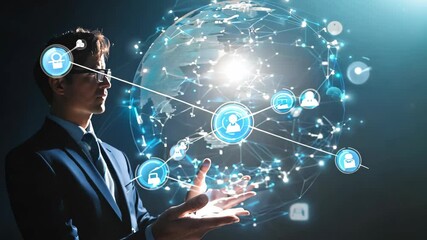 Poster - A man is holding a sphere in his hand, surrounded by a network of lines