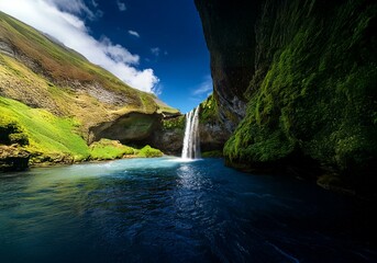 Aufkleber - A waterfall flows into a deep blue pool of water surrounded by moss-covered cliffs and a bright blue sky.