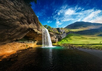 Aufkleber - Waterfall cascading down a cliff face into a still pool.