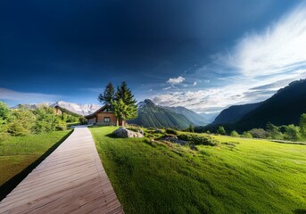 Poster - A wooden cabin sits in a grassy clearing with a mountain range and a blue sky behind it.