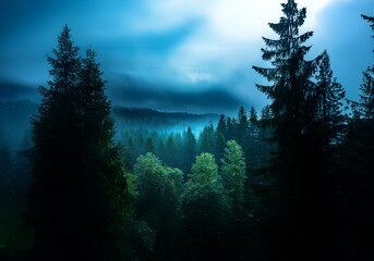 Poster - A misty forest shrouded in darkness with a hint of blue in the sky.