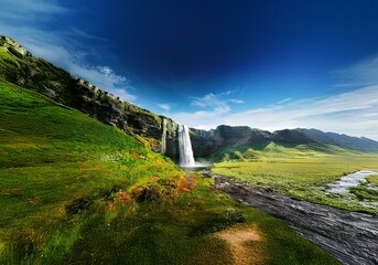 Aufkleber - Waterfall cascades over a rocky cliff into a river flowing through a green grassy landscape.