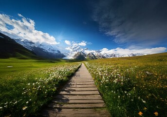 Poster - A wooden path leading up to snow-capped mountains with a vibrant meadow filled with wildflowers.