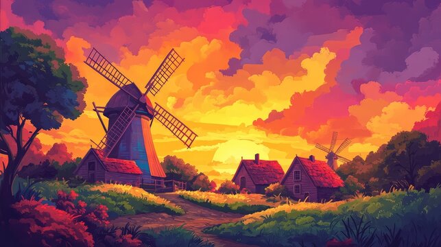 A colorful windmill farm set against a vibrant sunset, with blades spinning gently in the breeze, creating a picturesque scene.