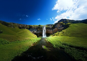 Aufkleber - A waterfall cascades down a rocky cliff face, surrounded by lush greenery and a bright blue sky.