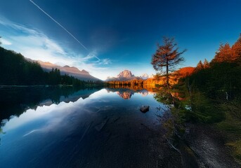 Poster - A still mountain lake reflects the colorful sky and surrounding trees.