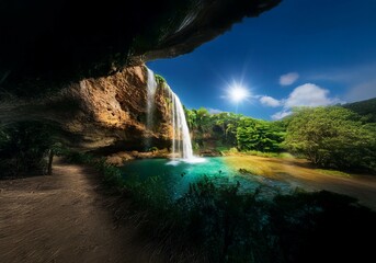 Poster - A waterfall cascades down a rock face into a pool of turquoise water, framed by a dark cave opening and lush greenery, with a bright sun shining in the blue sky.