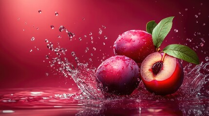 Wall Mural - Fresh plum splashing, with bright juice droplets, representing a ripe and refreshing summer scene.