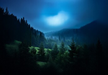 Poster - A dark, misty forest bathed in the soft glow of the moon.