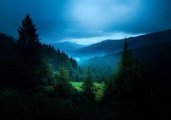Poster - Dark, misty forest with tall evergreen trees, a valley below, and a blue sky above.