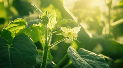 Green cucumber plant leaf and flower in summer sunlight, symbolizing nature's growth and the beauty of organic gardening.