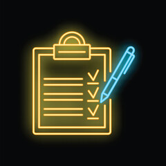 Poster - Neon sign illustration of a checklist with check marks beside each line item and a pen beside it, glowing yellow and blue against a black background