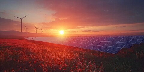 Wall Mural - photovoltaic solar panels and wind turbines on agricultural land, creating a sustainable energy solution bathed in sunlight to reduce environmental impact