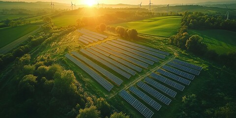 Wall Mural - photovoltaic solar panels and wind turbines on agricultural land, creating a sustainable energy solution bathed in sunlight to reduce environmental impact