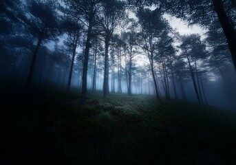 Aufkleber - A misty forest with tall trees and a grassy floor.