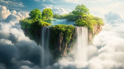 A floating island with lush greenery and a waterfall cascading into the clouds, creating a serene and magical atmosphere.