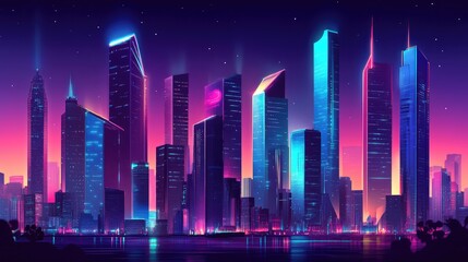 Wall Mural - A futuristic cityscape with sleek buildings and advanced technology, illuminated by neon lights against a dark sky.