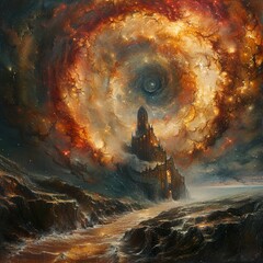 Canvas Print - Cosmic Castle: A Fantasy Landscape with a Galaxy Above