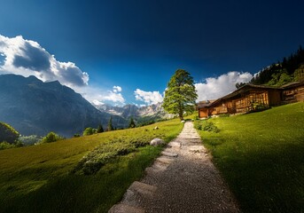 Aufkleber - A stone path winds through a lush green meadow towards a wooden cabin nestled amidst a majestic mountain range.