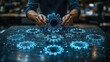 © Photo And Art Panda - Businessman connecting gears on a digital table with a hologram icon of innovation and technology in the office background, showing a system integration concept for business strategy design.