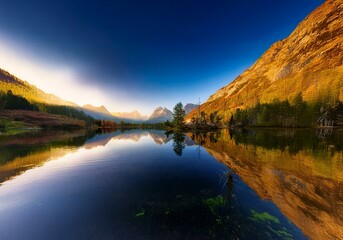 Aufkleber - Mountain lake reflecting the morning light.