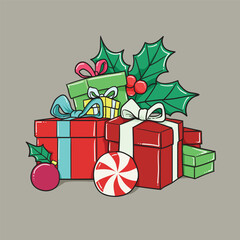 Poster - Christmas gift boxes and holly berry. Vector illustration
