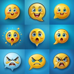 Aufkleber - Nine chat bubbles with various cartoon faces displaying emotions of happiness, surprise, and anger.