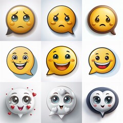 Aufkleber - Nine speech bubbles with cartoon faces showing different emotions, including sad, happy, and in love.