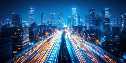 Long-exposure photo of a highway in the city at night, capturing bright orange and blue light trails against a modern skyline