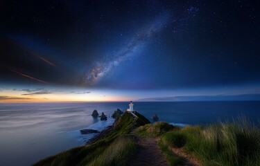Aufkleber - A lone lighthouse stands on a grassy cliff overlooking a dark ocean, with the Milky Way shining brightly in the night sky.