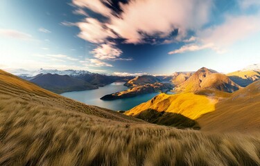 Aufkleber - A view of a valley with a lake surrounded by mountains and hills with a  blurry, white cloud in the sky.